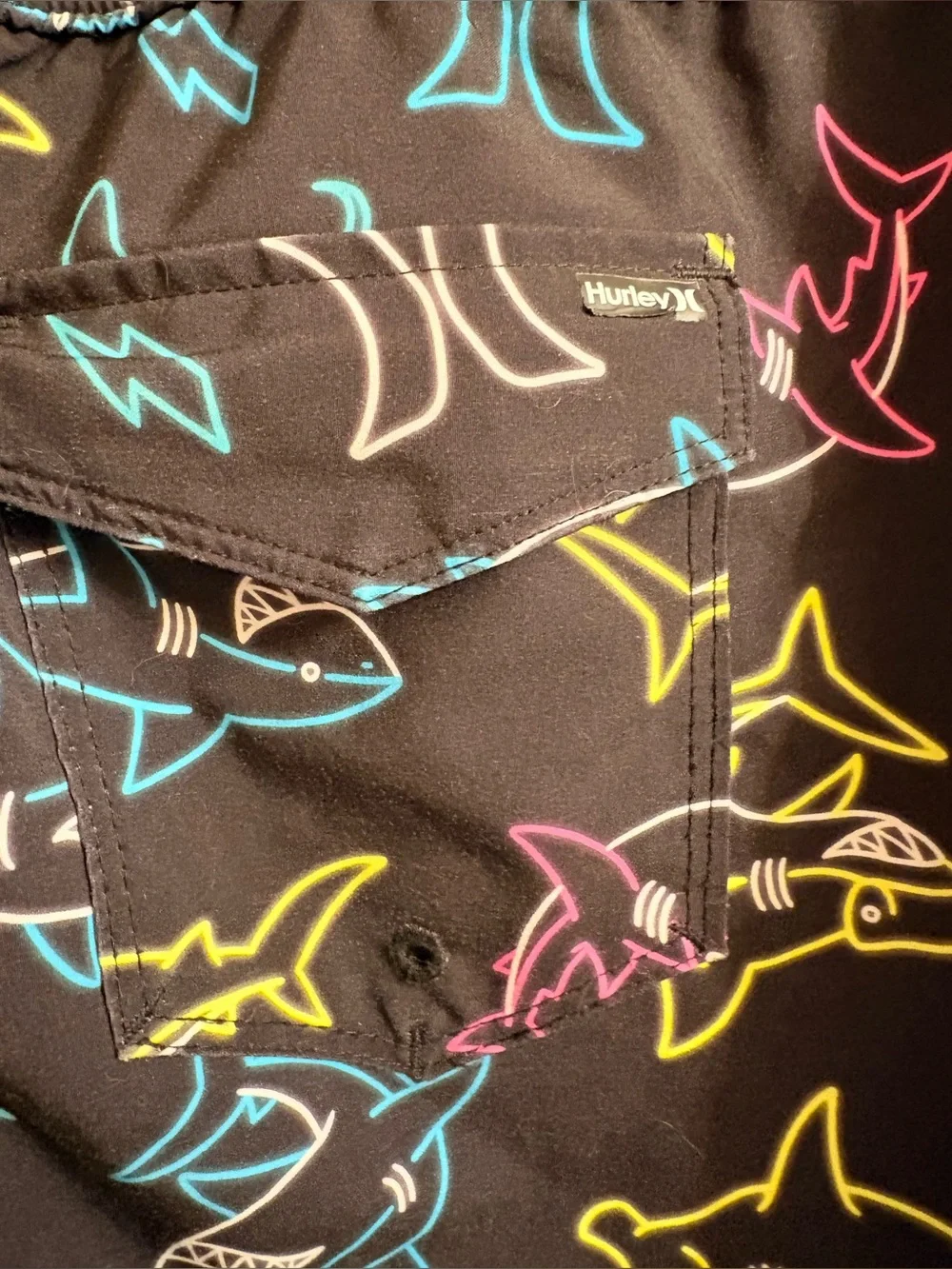 Hurley Black Swim Shorts with Neon Shark Pattern